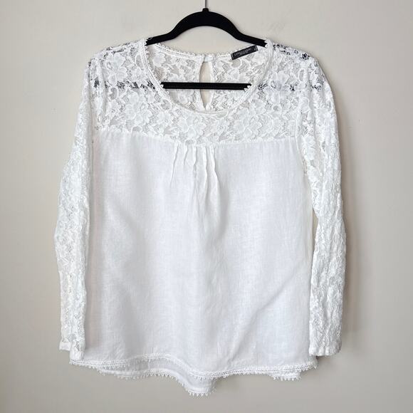 Lungo L'Arno Made In Italy 100% Linen Small‎ Long Sleeve Lace Top Blouse Pintuck - Picture 1 of 11